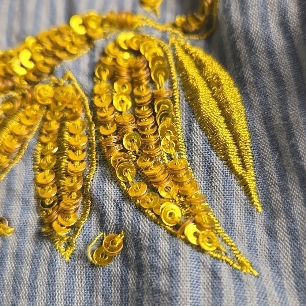 Anthropologie Maeve Gold Sequin Poplin Buttondown Blouse Blue Stripe-Size 2 - Picture 13 of 17